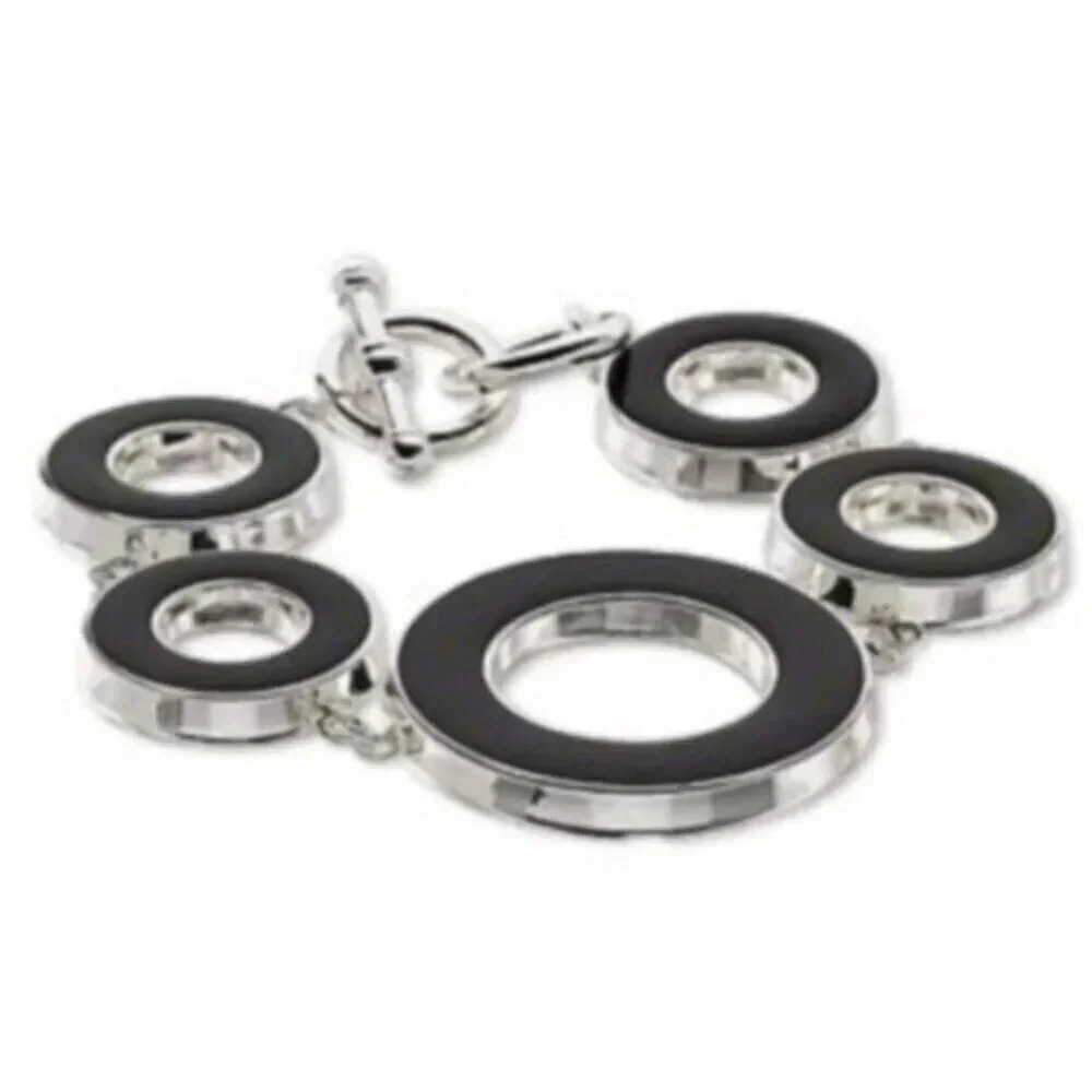 Mid Century Modern Style Silver Black Geometric Open Circles Bracelet